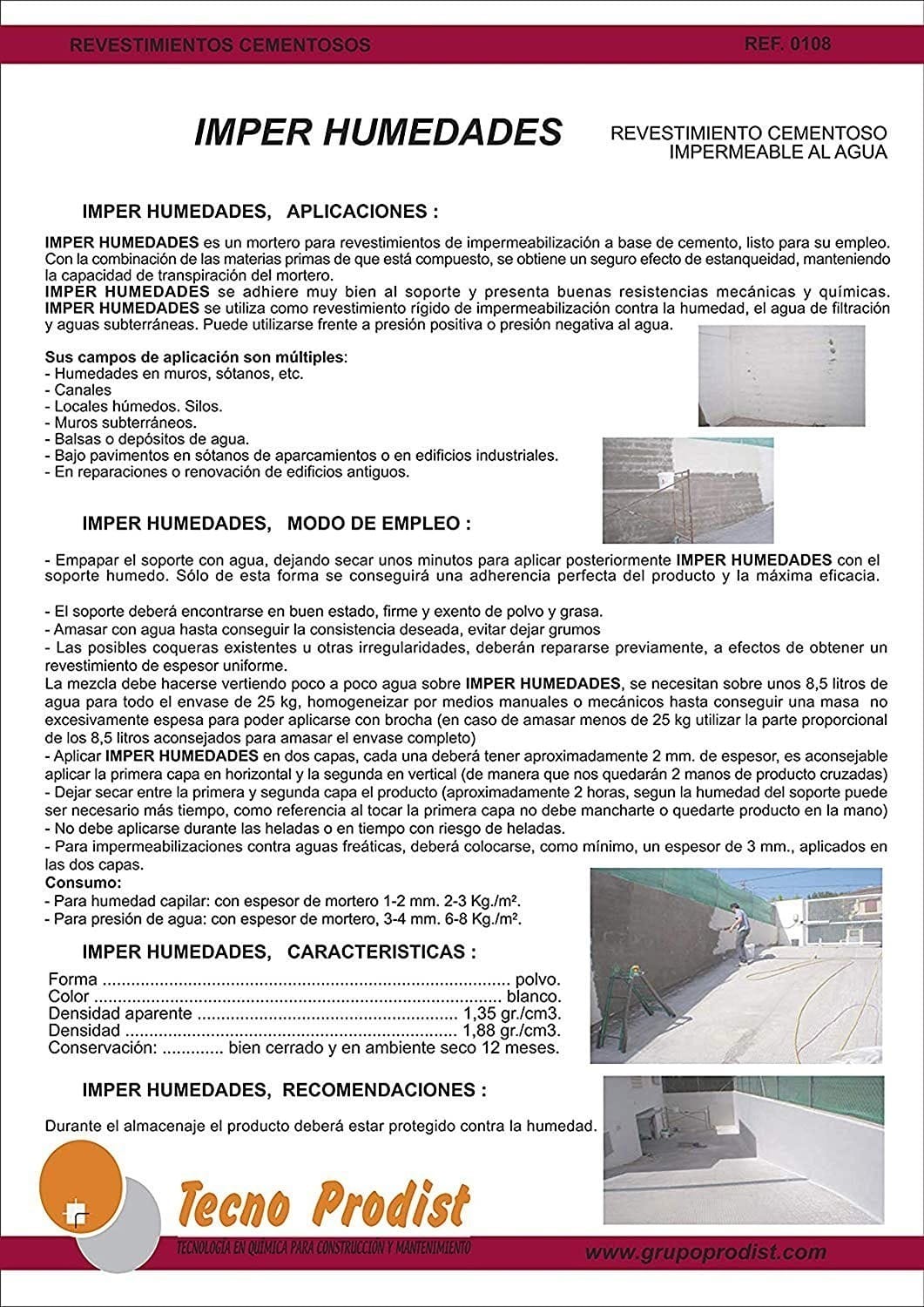 IMPER HUMEDADES by Tecno Prodist - Mortier de revêtement mural. Imperméabilisation. Traitement de l'humidité dans les murs et les sous-sols.