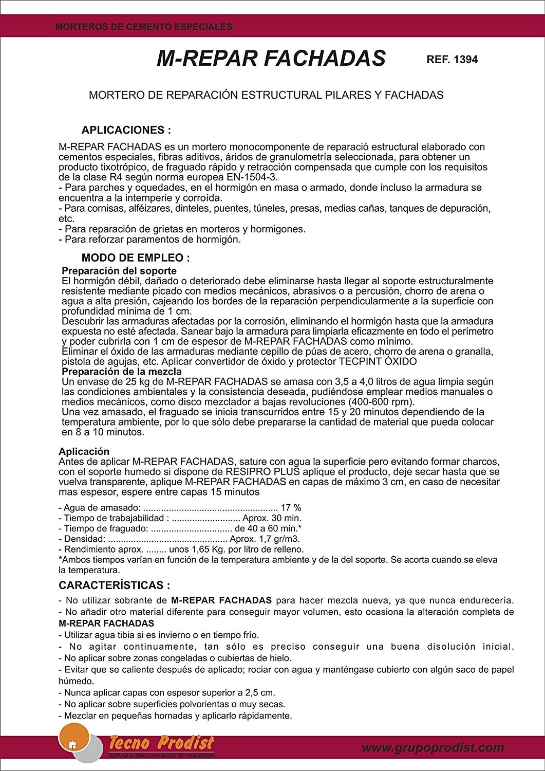M-REPAR FACHADAS by Tecno Prodist - Mortier structurel pour façades, corniches, piliers - Avec fibres spéciales