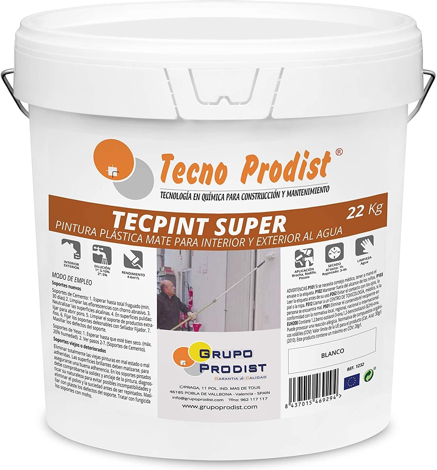 TECPINT SUPER by Tecno Prodist - Peinture à l'eau pour l'intérieur et l'extérieur - Haute blancheur - Lavable - Application facile