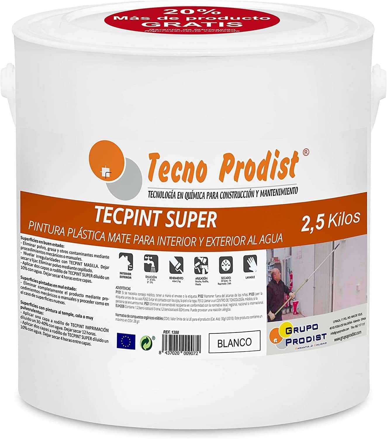 TECPINT SUPER by Tecno Prodist - Peinture à l'eau pour l'intérieur et l'extérieur - Haute blancheur - Lavable - Application facile