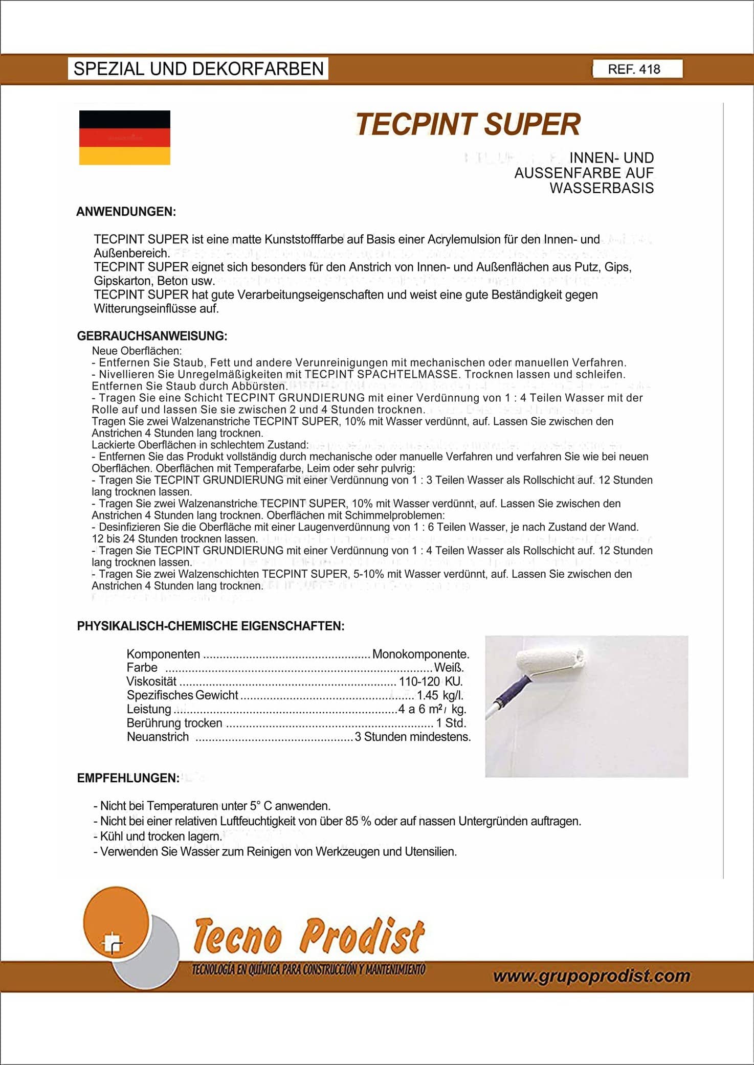 TECPINT SUPER by Tecno Prodist - Peinture à l'eau pour l'intérieur et l'extérieur - Haute blancheur - Lavable - Application facile
