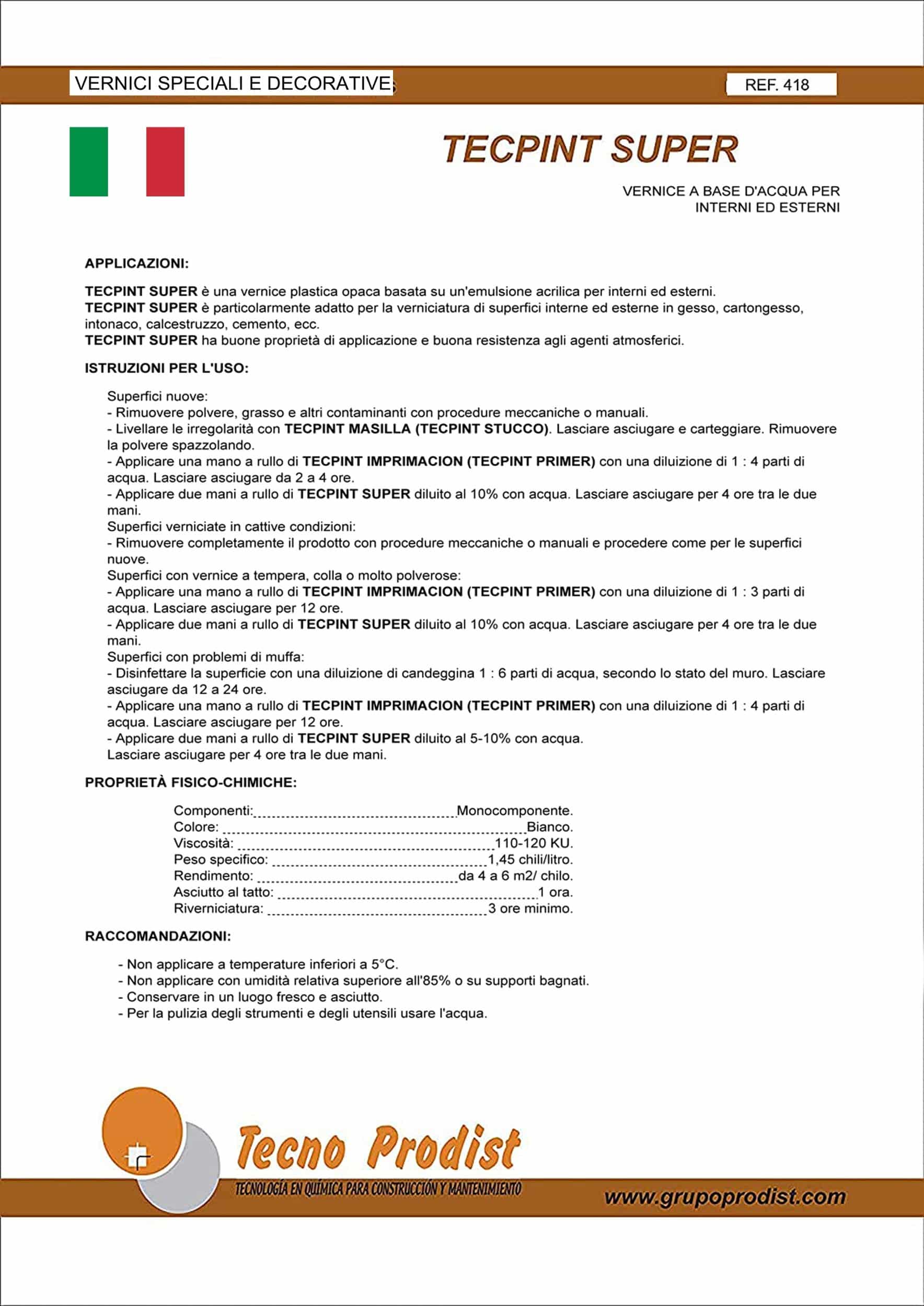 TECPINT SUPER by Tecno Prodist - Peinture à l'eau pour l'intérieur et l'extérieur - Haute blancheur - Lavable - Application facile