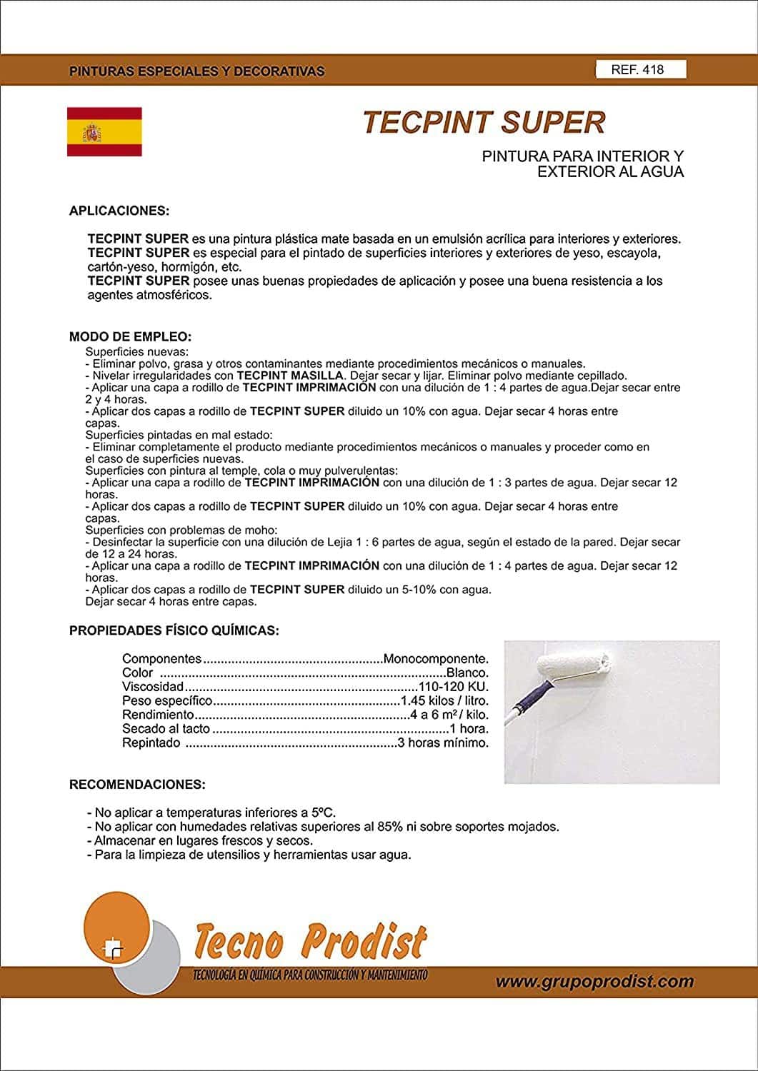 TECPINT SUPER by Tecno Prodist - Peinture à l'eau pour l'intérieur et l'extérieur - Haute blancheur - Lavable - Application facile