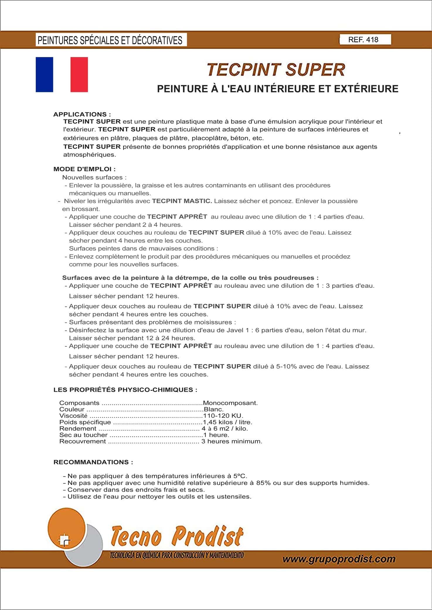 TECPINT SUPER by Tecno Prodist - Peinture à l'eau pour l'intérieur et l'extérieur - Haute blancheur - Lavable - Application facile