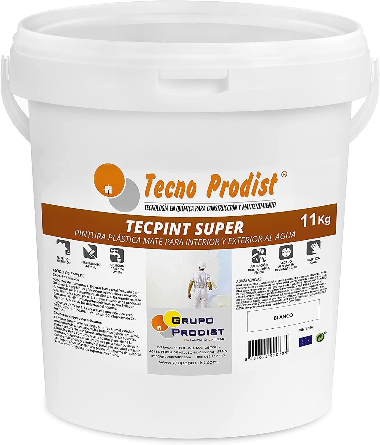 TECPINT SUPER by Tecno Prodist - Peinture à l'eau pour l'intérieur et l'extérieur - Haute blancheur - Lavable - Application facile