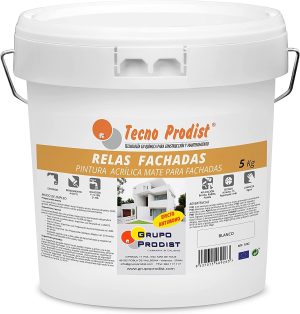 Peinture imperméabilisante pour façades RELAS FACHADAS de Tecno Prodist - Peinture imperméabilisante à base d'eau - Haut pouvoir couvrant, blancheur et performance, ne fait pas d'éclaboussures.
