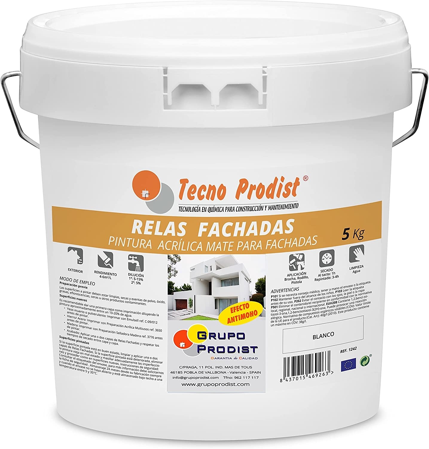 Peinture imperméabilisante pour façades RELAS FACHADAS de Tecno Prodist - Peinture imperméabilisante à base d'eau - Haut pouvoir couvrant, blancheur et performance, ne fait pas d'éclaboussures.