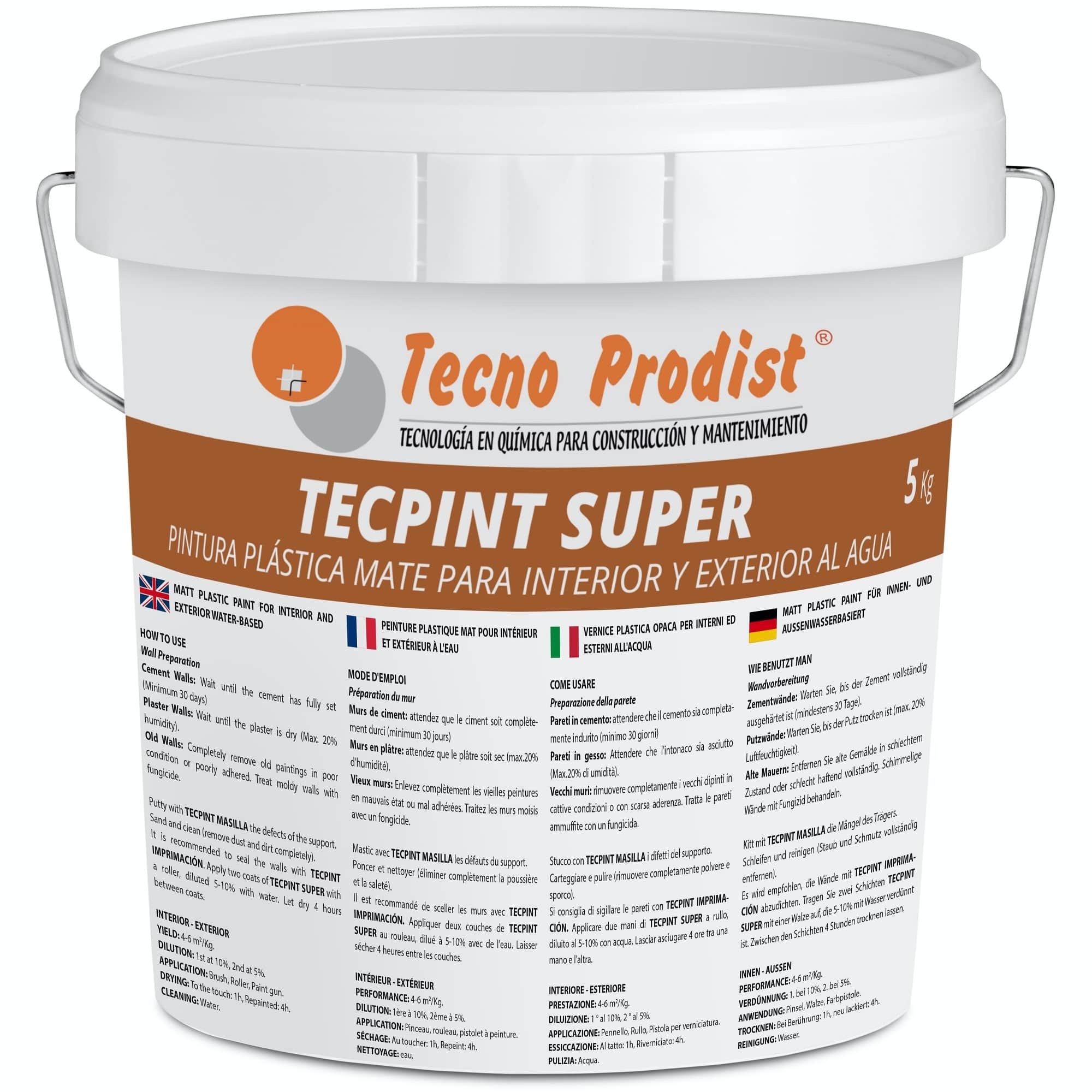 TECPINT SUPER by Tecno Prodist - Peinture à l'eau pour l'intérieur et l'extérieur - Haute blancheur - Lavable - Application facile