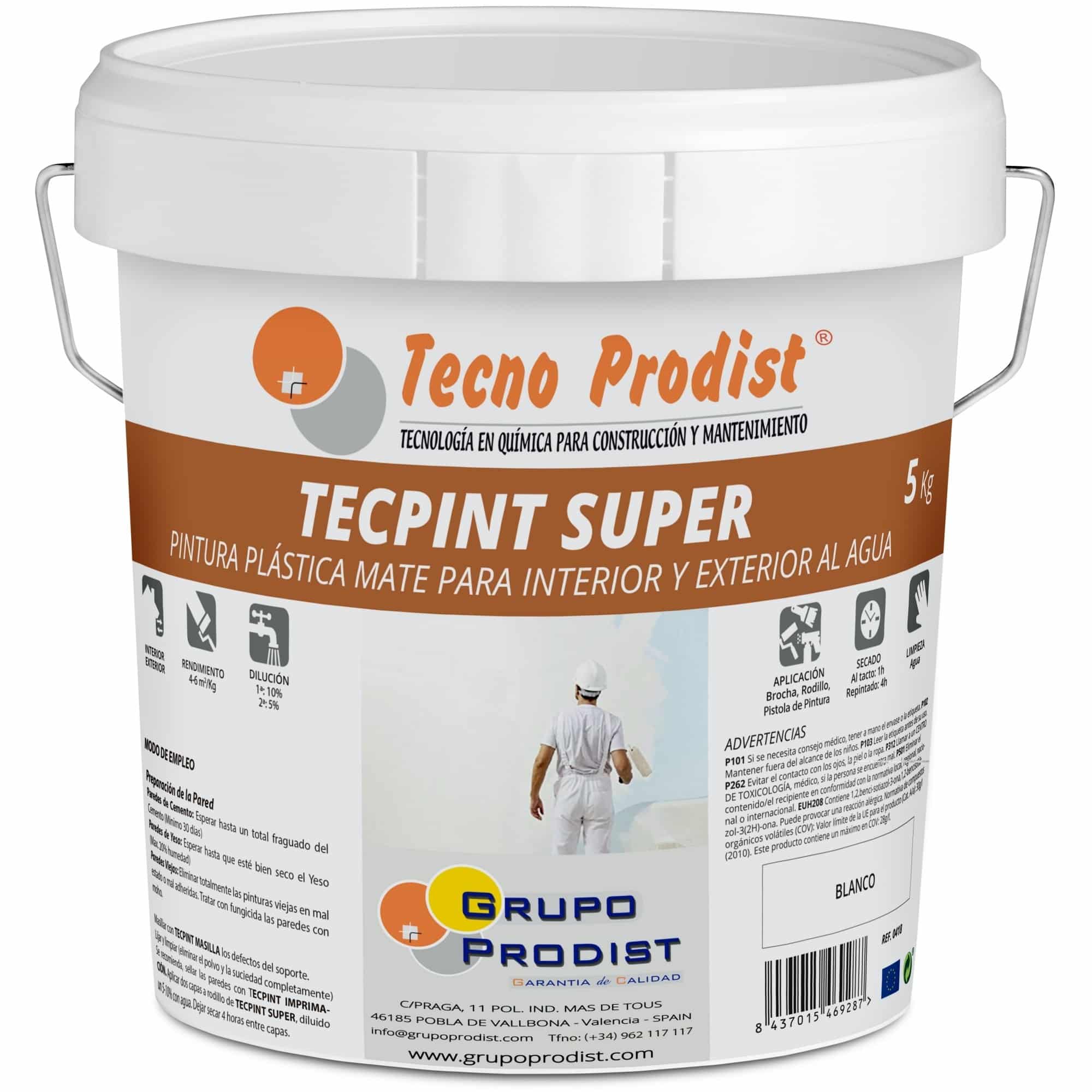 TECPINT SUPER by Tecno Prodist - Peinture à l'eau pour l'intérieur et l'extérieur - Haute blancheur - Lavable - Application facile