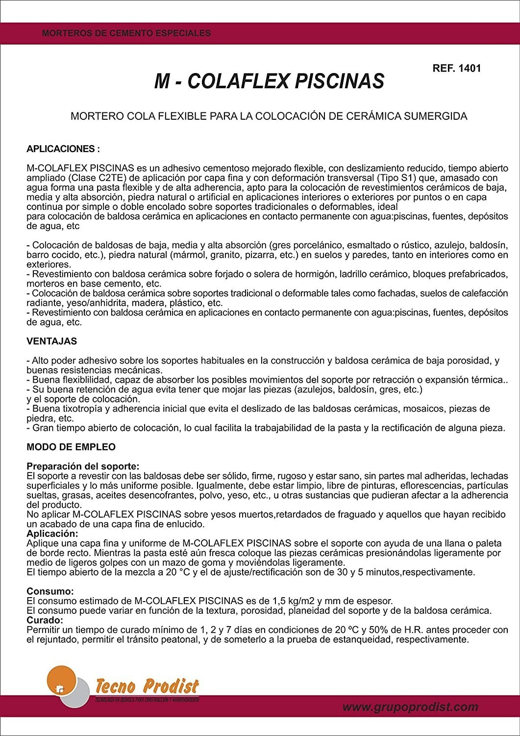 M-COLAFLEX PISCINES de Tecno Prodist - Mortier adhésif et flexible pour carreaux en contact permanent avec l'eau dans les piscines.