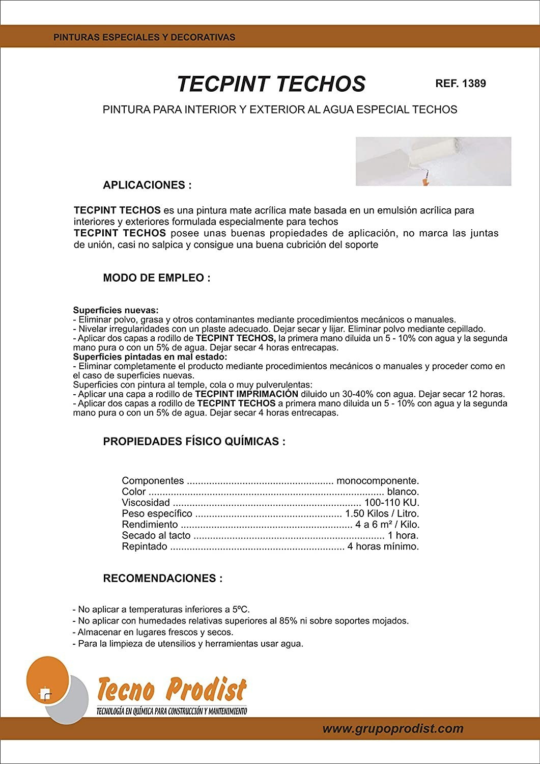 TECPINT TECHOS by Tecno Prodist - Peinture pour plafond à base d'eau - Extérieur et intérieur - Lavable - Application facile (BLANC)