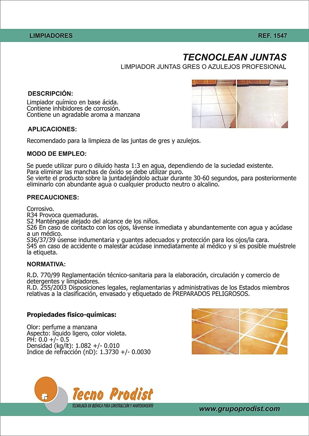 TECNOCLEAN JUNTAS di Tecno Prodist - Detergente per fughe professionale per piastrelle, pavimenti, gresite e piastrelle del bagno.
