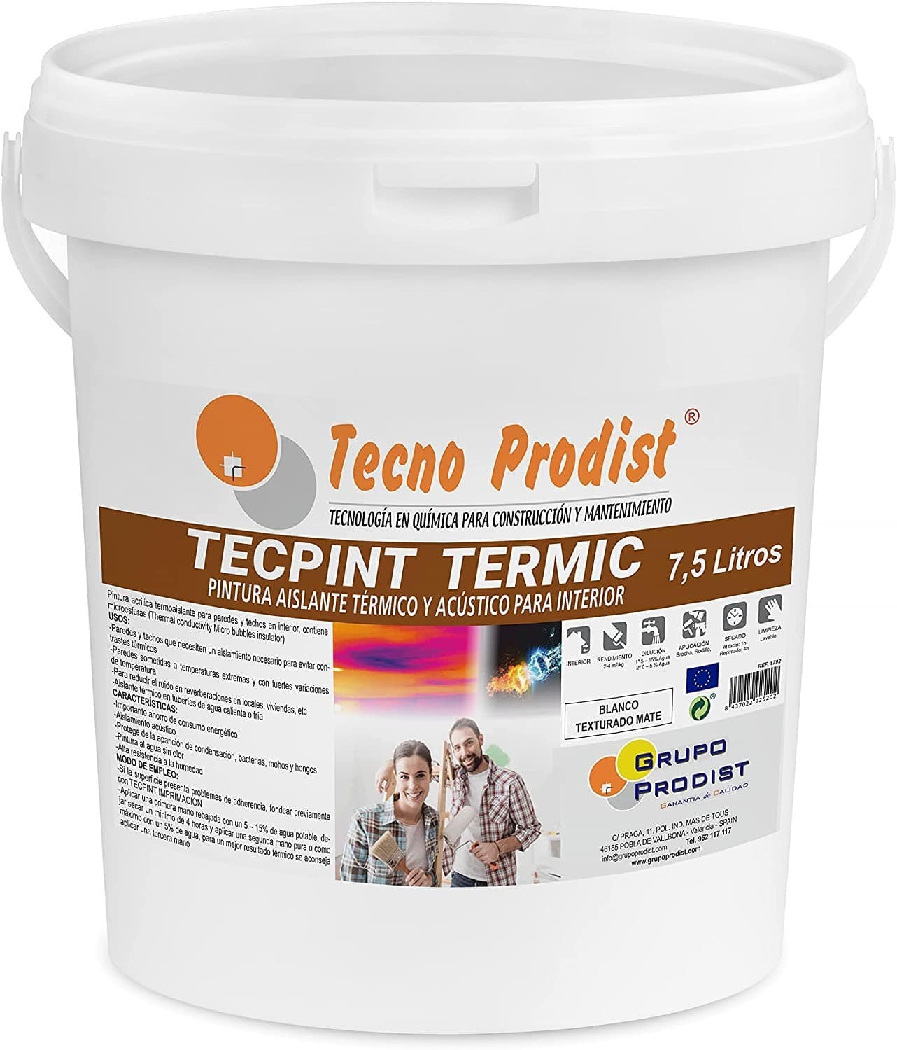 TECPINT TERMIC - Wasserbasierte thermische und akustische (Hallschall) Isolierfarbe - Innen - feuchtigkeitsbeständig - geruchlos (WEISS)