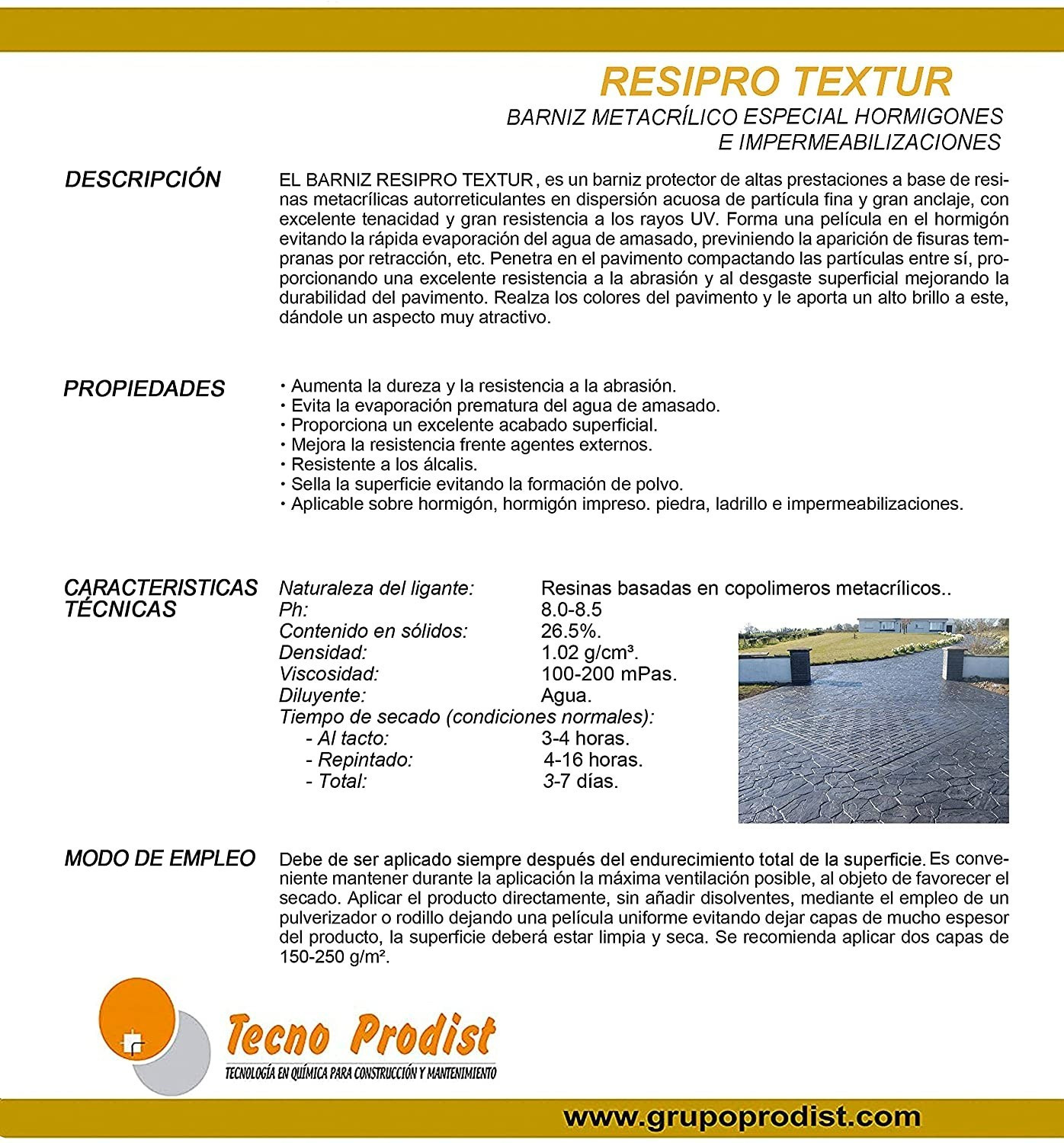 RESIPRO TEXTUR de Tecno Prodist - Revêtement protecteur à base d'eau pour le béton imprimé, à base de résines, à haut pouvoir d'ancrage et de résistance.