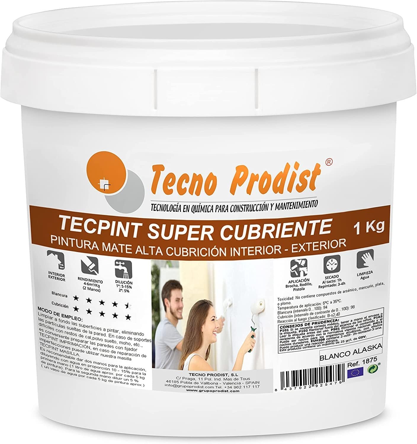 TECPINT SUPER COATING by Tecno Prodist - Peinture à l'eau, intérieur et extérieur, extra couvrante Lavable Inodore, Blanc Alaska