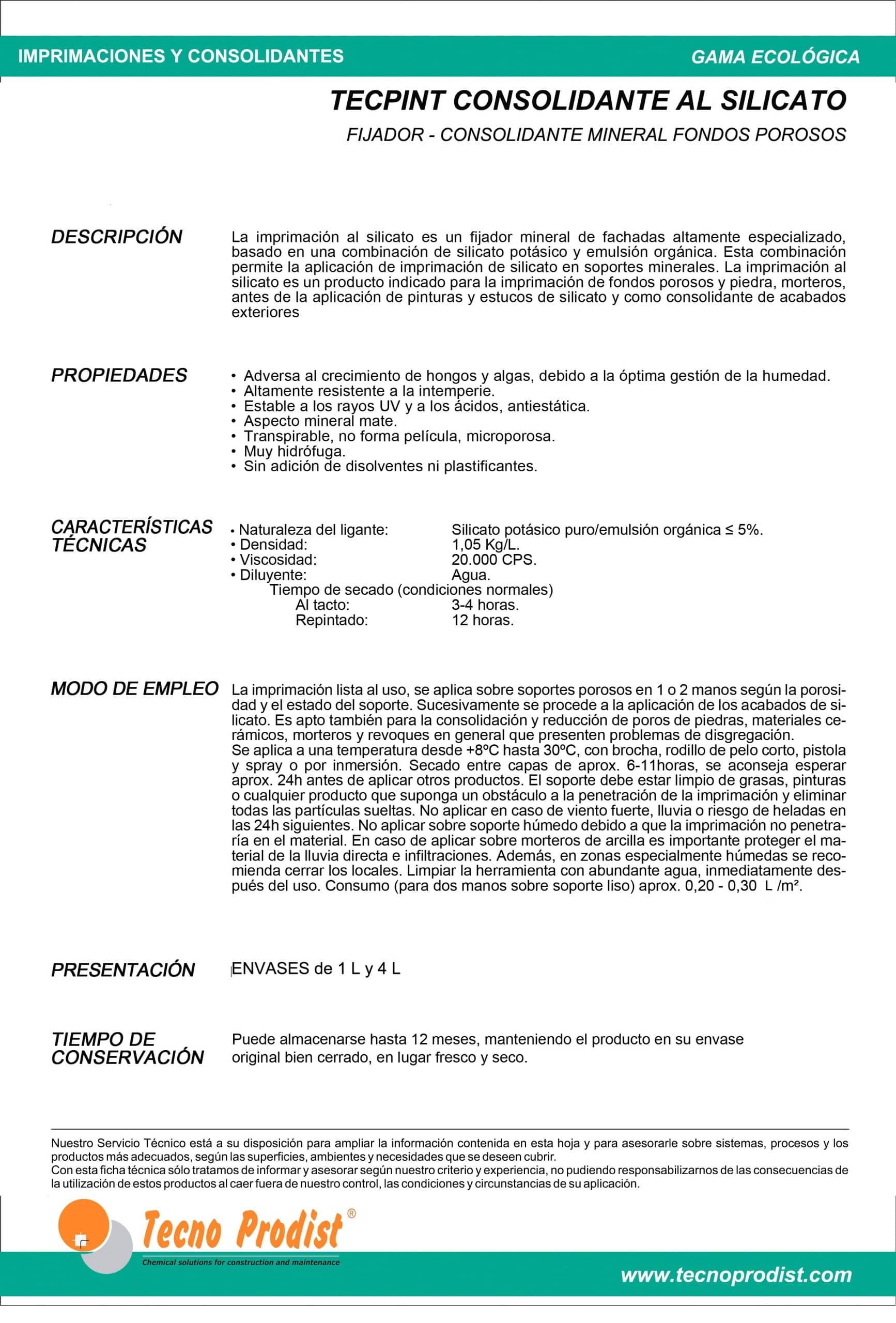 TECPINT SILICATE CONSOLIDANT da Tecno Prodist - Agente de fixação para pedra, tijolo, cal ou primário de tintas de silicato