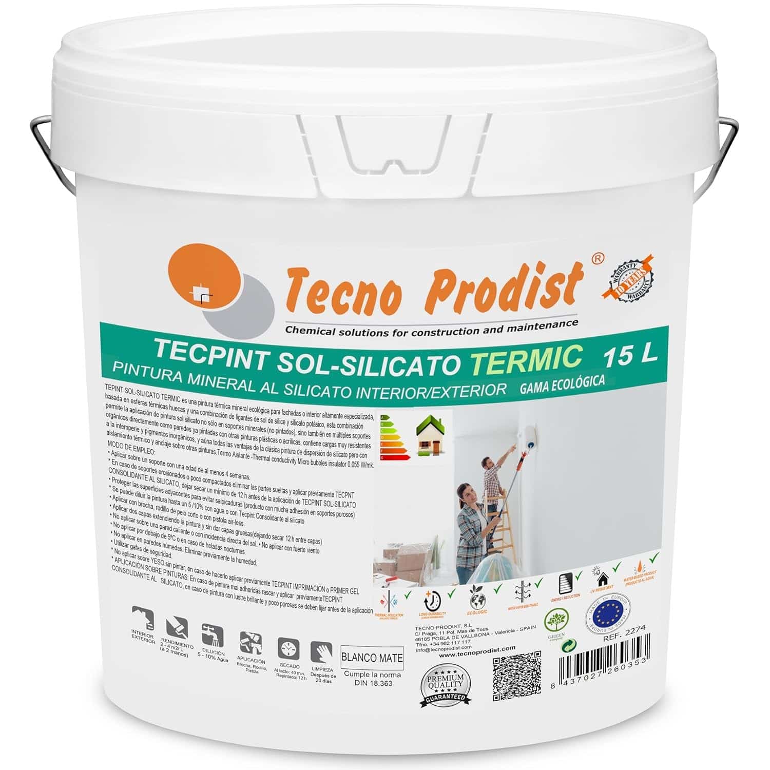 TECPINT SOL-SILICATO TERMIC - Peinture écologique au silicate, minérale, intérieur - extérieur, Respirante - Thermique