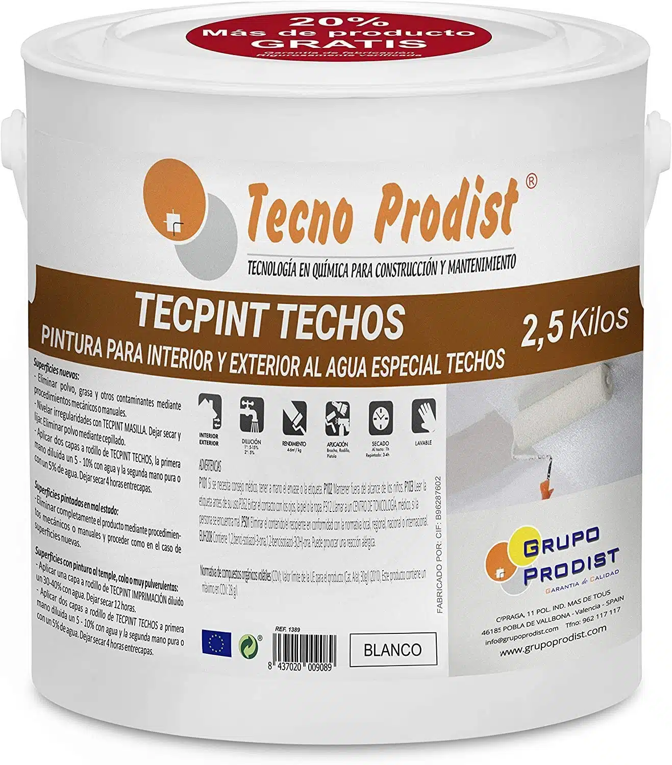 TECPINT TECHOS de Tecno Prodist - Pintura para Techos al Agua - Exterior e Interior - Lavable - Fácil Aplicación (BLANCO)