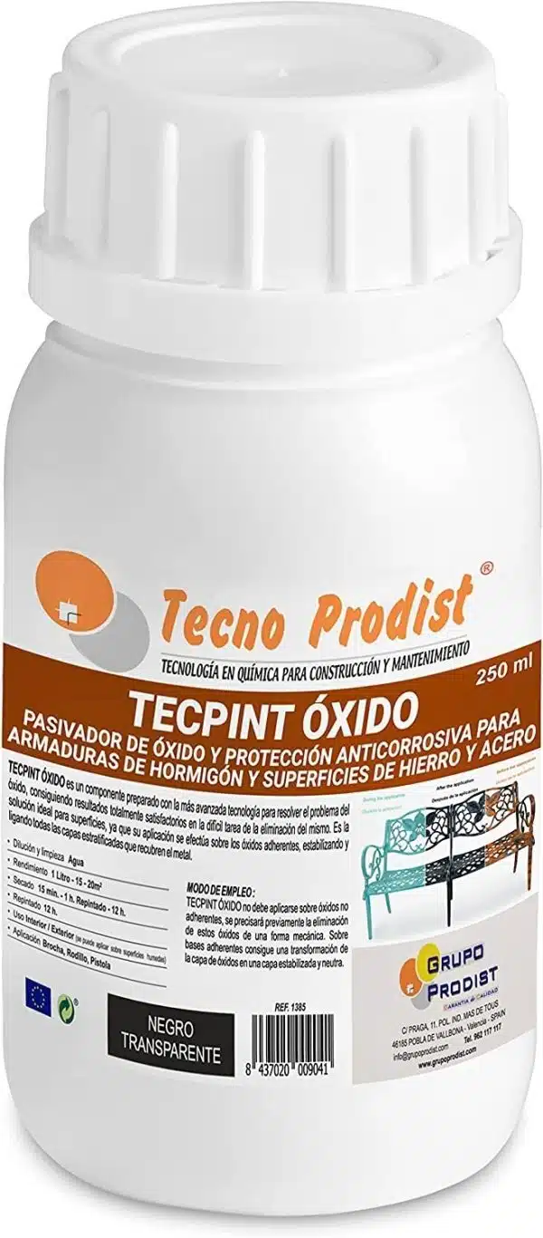 TECPINT ÓXIDO de Tecno Prodist - Pasivador de óxido al agua - Transformador de oxido para superficies de hierro y acero