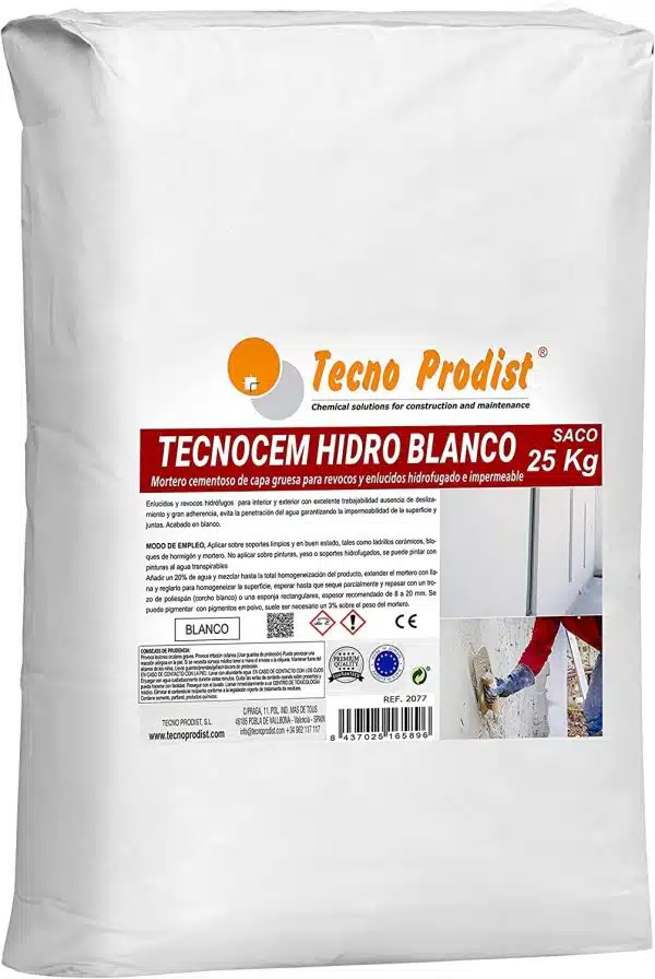 TECNOCEM HIDRO BLANCO de Tecno Prodist - Mortero cemento de capa gruesa para revocos y enlucidos, hidrofugado e impermeable