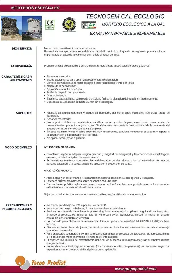 TECNOCEM CAL ECOLOGIC de Tecno Prodist - Mortero ecológico a la cal, Extratranspirable, antihumedad, impermeable y antimoho