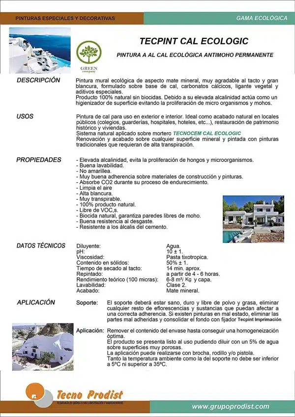 TECPINT CAL ECOLOGIC de Tecno Prodist - Pintura ecologica a la cal exterior e interior al agua,natural,transpirable,sin olor.