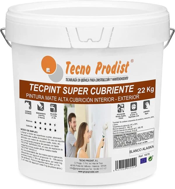 TECPINT SÚPER CUBRIENTE de Tecno Prodist - Pintura al Agua, Exterior e Interior, Cubrición extra Lavable Sin olor, Blanco Alaska