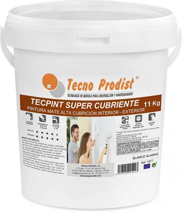 TECPINT SÚPER CUBRIENTE de Tecno Prodist - Pintura al Agua, Exterior e Interior, Cubrición extra Lavable Sin olor, Blanco Alaska