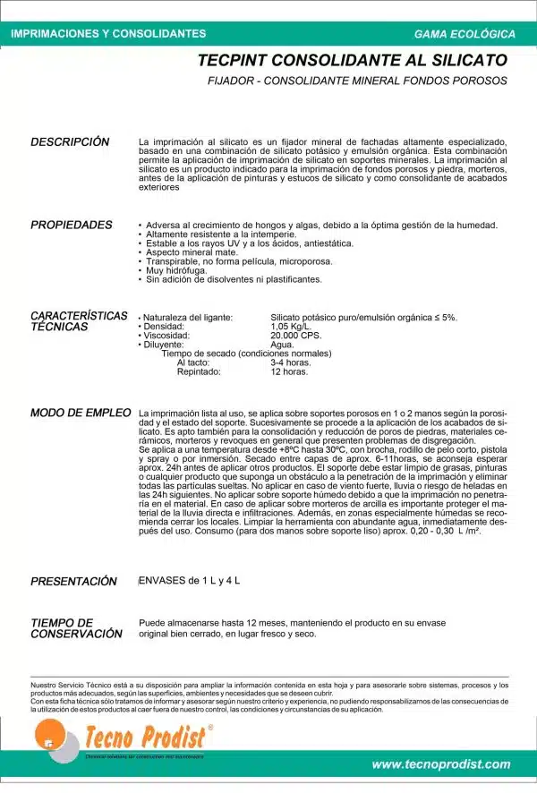 TECPINT CONSOLIDANTE AL SILICATO de Tecno Prodist - Fijador piedra, ladrillo, imprimación pinturas a la cal o al silicato