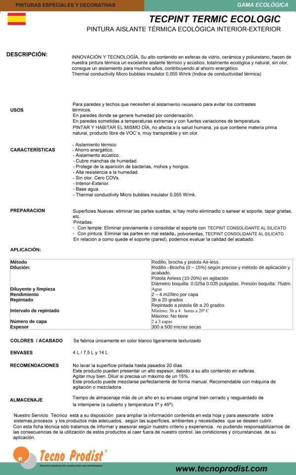 TECPINT TERMIC ECOLOGIC de Tecno Prodist - Pintura ecológica, aislante térmico y acústico, interior - exterior, transpirable