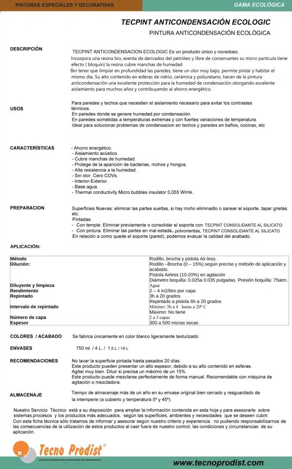 TECPINT ANTICONDENSACIÓN ECOLOGIC de Tecno Prodist - Pintura ecológica anti-condensación interior - exterior, Transpirable