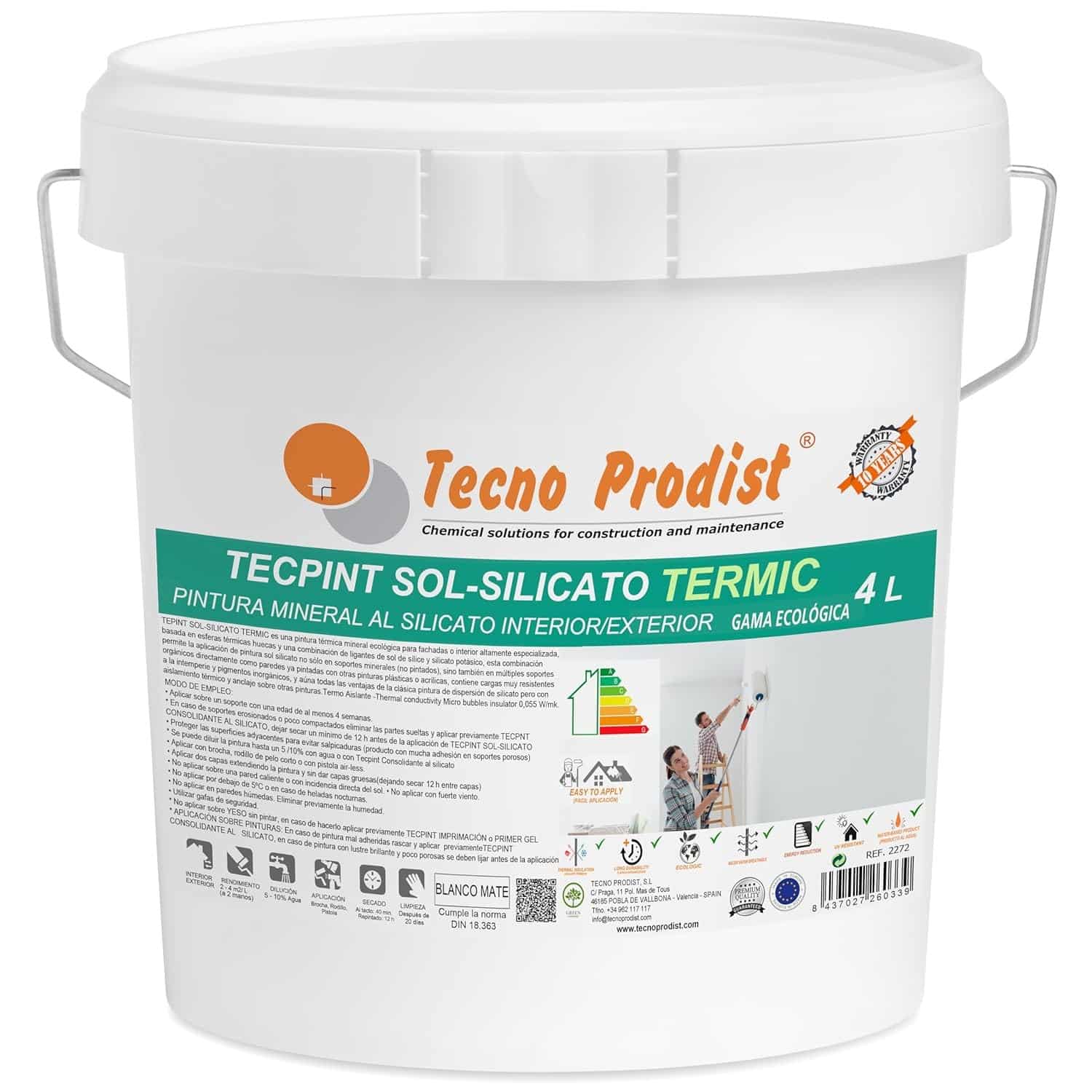 TECPINT SOL-SILICATO TERMIC - Pintura al silicato ecológica, mineral, interior - exterior, Transpirable - térmica